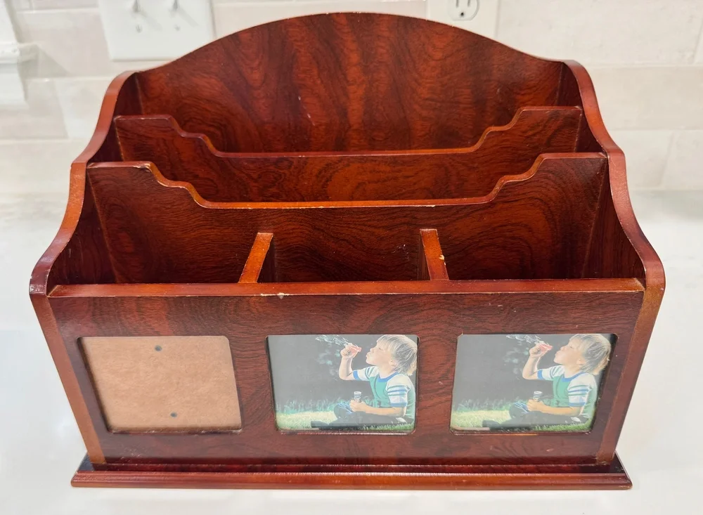 Wooden Desktop Organizer Mail Sorter 3 Photo Frame Cherry Finish Bill Planner 13